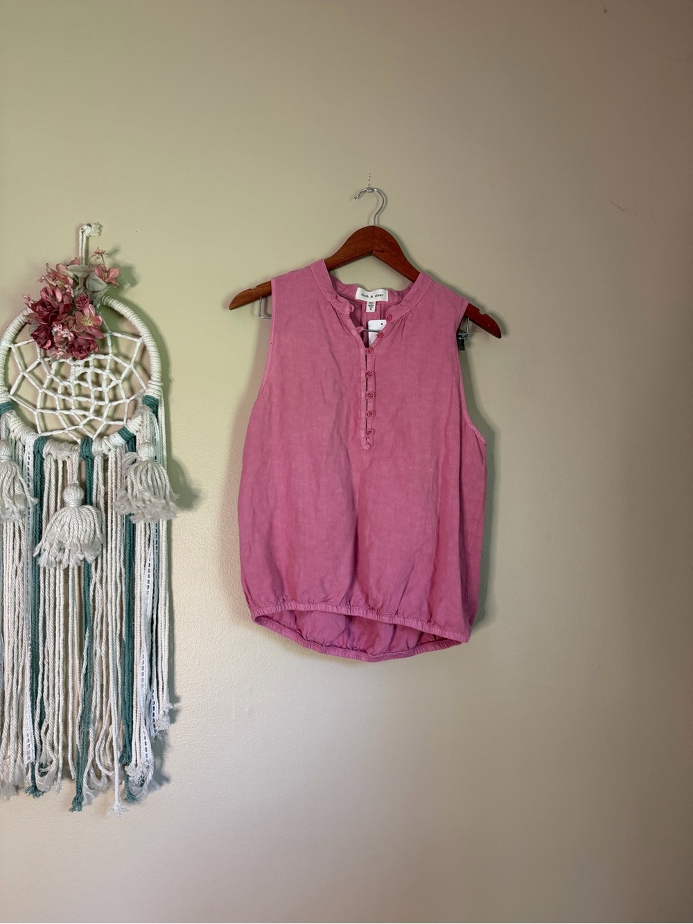 Anthropologie Cloth & Stone Half Button Linen Blend Tank Top Pink Size Medium